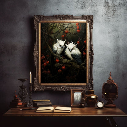 Weiße Vögel spuken im Wald, dunkles gruseliges Dekor, gruseliges Goth-Wandkunstgemälde, dunkles Cottagecore-Gothic-Retro-Horror-Wandkunstpapier, Posterdruck