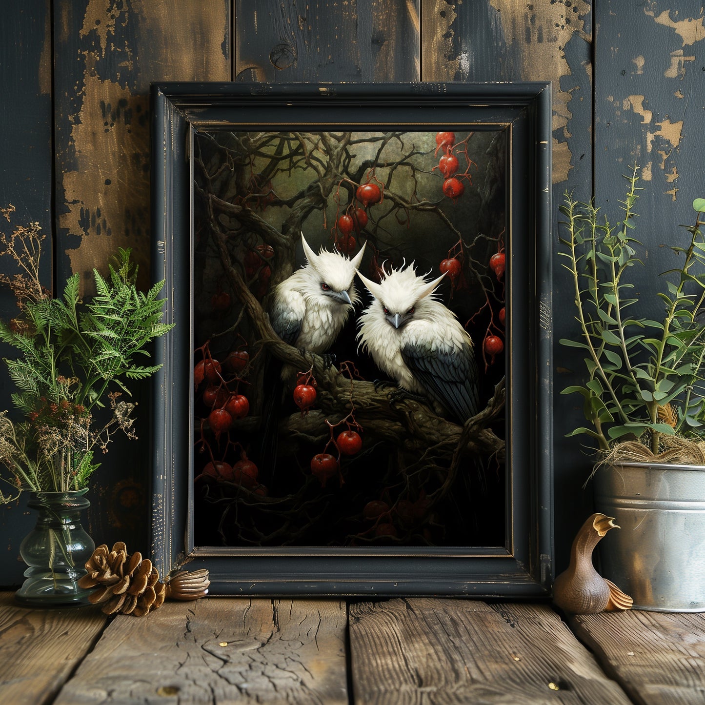 Weiße Vögel spuken im Wald, dunkles gruseliges Dekor, gruseliges Goth-Wandkunstgemälde, dunkles Cottagecore-Gothic-Retro-Horror-Wandkunstpapier, Posterdruck