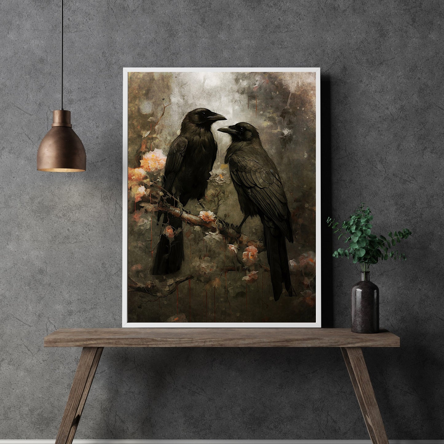 Raven Couple in Dark Forest Wall Art Vintage Dark Cottagecore Wildlife Painting Gothic Decor Dark Academia Artwork Retro Art Paper Poster Print