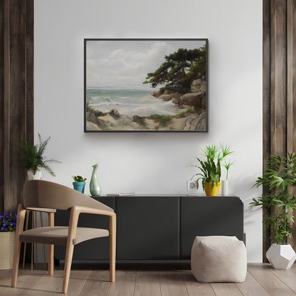 Rock coast with pines vintage art Paper Poster Prints coast painting beach painting livingroom decor pastel wall art