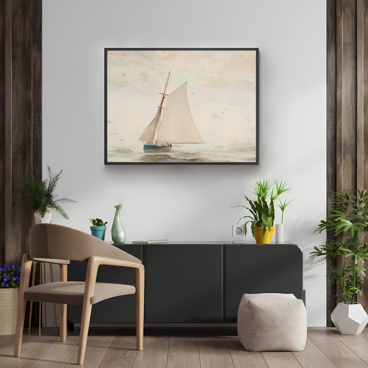 Vintage-Segelboot-Aquarell-Kunstdruck auf Papier, Posterdruck, mediterrane Küstenmalerei, zeitloses Dekor, nautische Wandkunst, frischer und luftiger Meereslandschaftsdruck