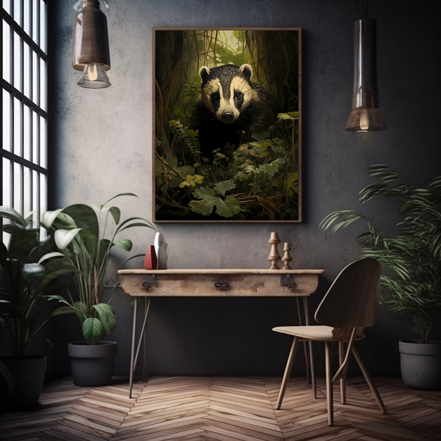 Badger in Moody Forest Wall Art Dark Cottagecore Vintage Dark Academia Print Woodland Animal Art Wildlife Painting Gothic Paper Poster Print