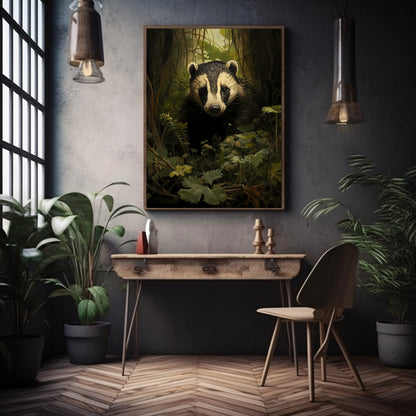 Badger in Moody Forest Gothic Wall Art Dark Cottagecore Vintage Dark Academia Print Woodland Animal Art Wildlife Painting Gothic Paper Poster Print