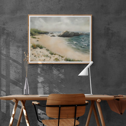 Einsamer Sandstrand mit Felsen Papier Poster Drucke Vintage Kunst Aquarell Malerei Küste Malerei Strand Malerei Wohnzimmer Dekor Pastell Wandkunst