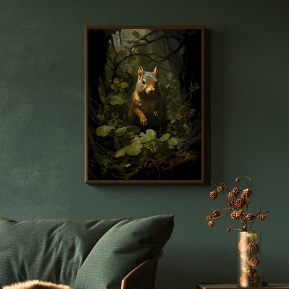 Squirrel in Moody Woodland Wall Art Dark Cottagecore Vintage Dark Academia Print Forest Animal Art Wildlife Dark Green Aesthetic Paper Poster Print