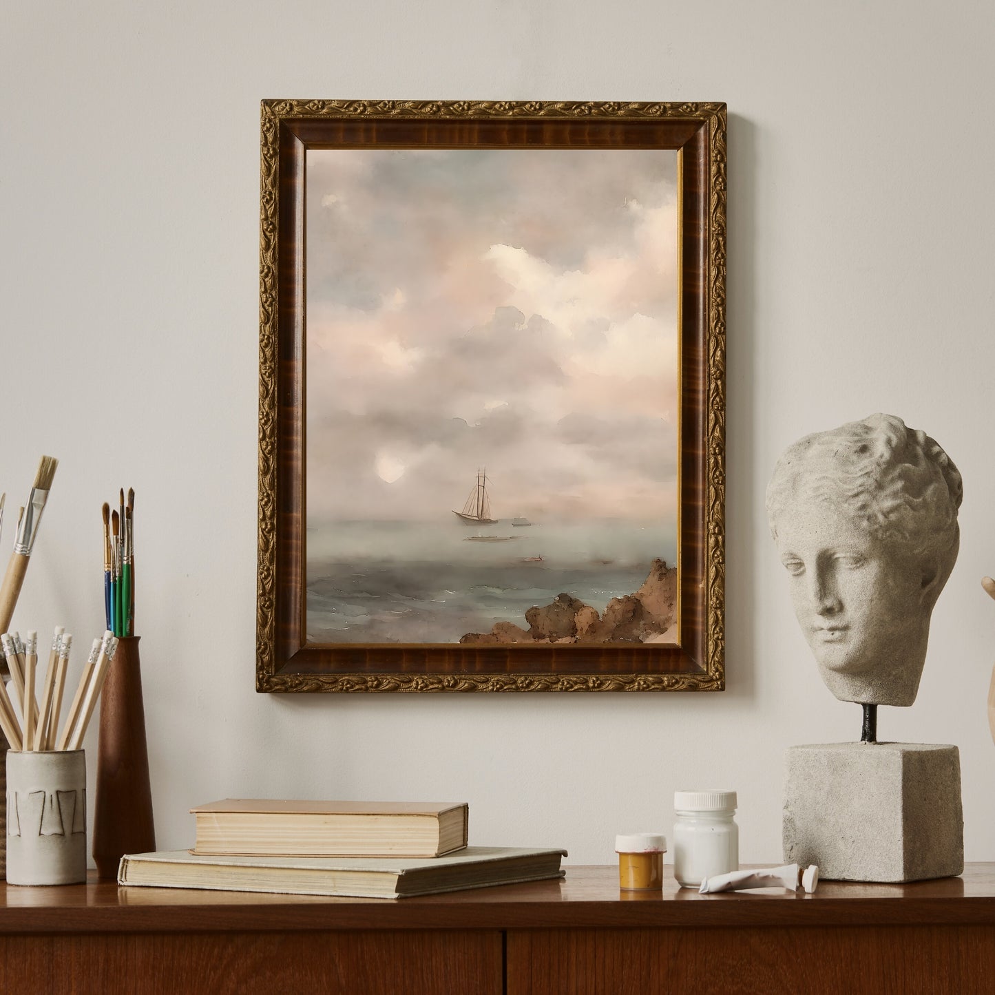 Felsige Küste mit beschädigtem Segelschiff, Vintage-Kunstdruck, Papierposter, Aquarellmalerei, Küstenmalerei, Segelschiff, Wohnzimmerdekor, Pastellkunst