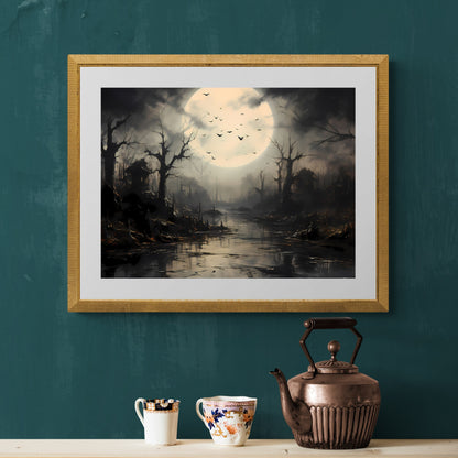 Spooky Swamp at Full Moon Wall Art Dark Cottagecore Halloween Artwork Moody Painting Witchy Art Gift for Gothic Fans Flying Bats Paper Poster Print