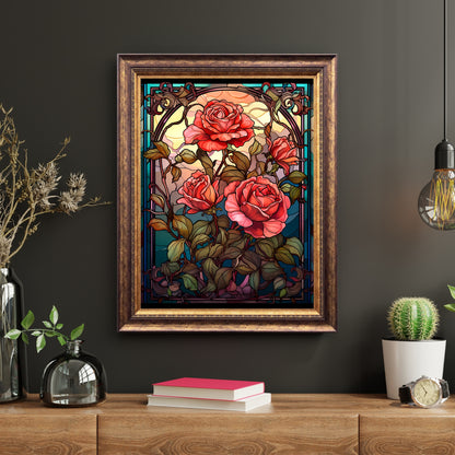 Stained Glass Roses Wall Art Dark Gothic Artwork Moody Painting Witchy Art Gift for Gothic Fans Dark Aesthetic Room Decor Paper Poster Print
