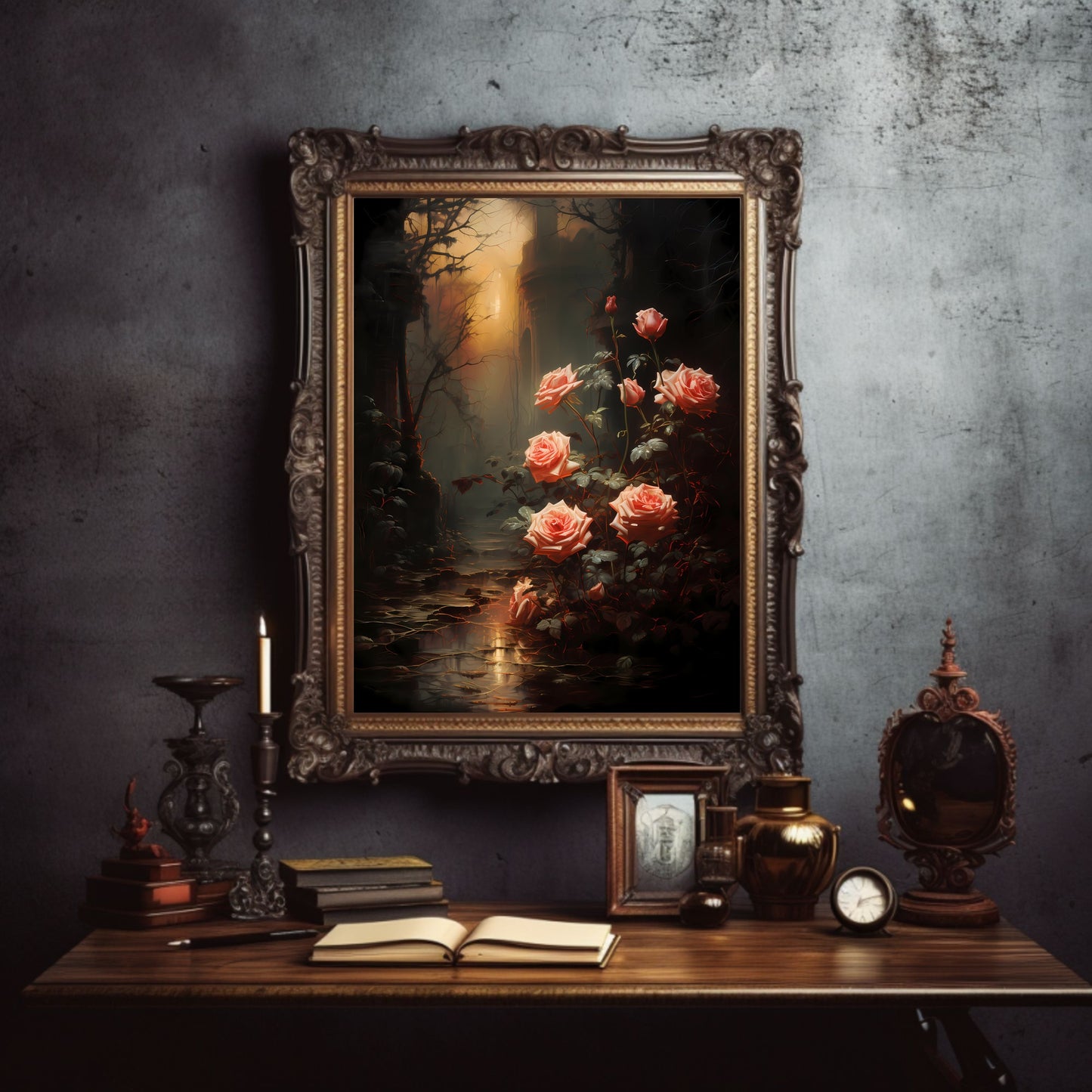Forgotten Rose Garden Gothic Wall Art Romantic Lost Place Wall Decor Dark Cottagecore Artwork Vintage Nature Reclaim Aestetic Painting Paper Poster Print