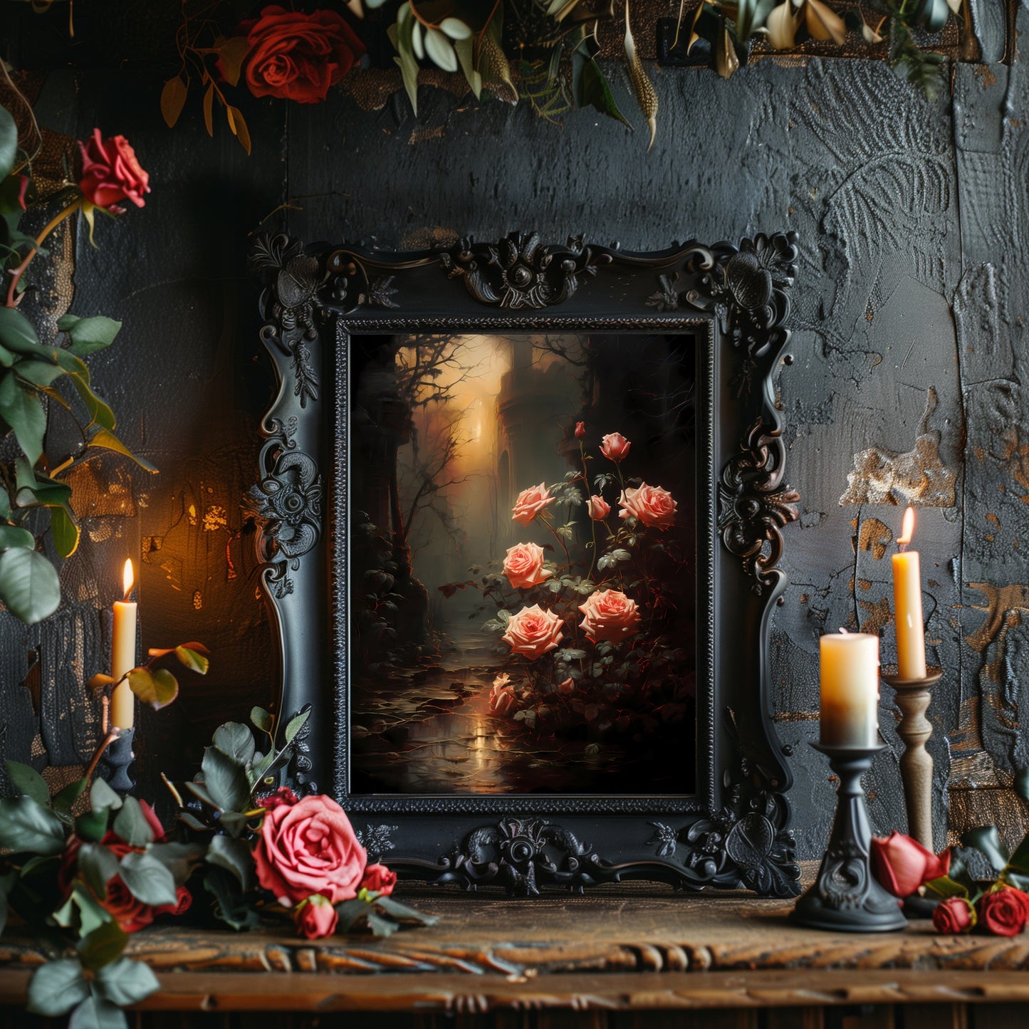 Forgotten Rose Garden Gothic Wall Art Romantic Lost Place Wall Decor Dark Cottagecore Artwork Vintage Nature Reclaim Aestetic Painting Paper Poster Print