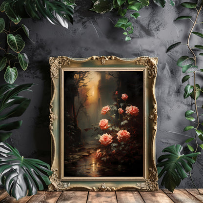 Forgotten Rose Garden Gothic Wall Art Romantic Lost Place Wall Decor Dark Cottagecore Artwork Vintage Nature Reclaim Aestetic Painting Paper Poster Print