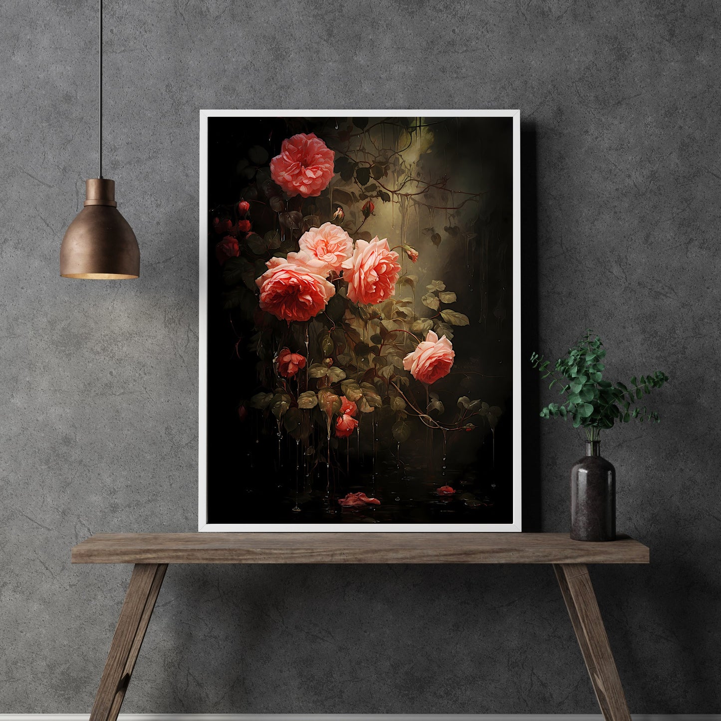 Driping Roses Wall Art Romantic Woodland Wall Decor Dark Cottagecore Artwork Vintage Forest Aestetic Painting Floral Rose Poster Paper Poster Print