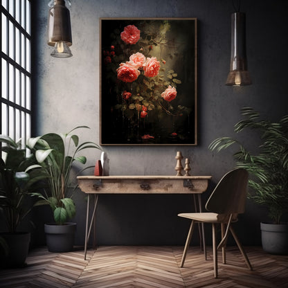 Driping Roses Wall Art Romantic Woodland Wall Decor Dark Cottagecore Artwork Vintage Forest Aestetic Painting Floral Rose Poster Paper Poster Print