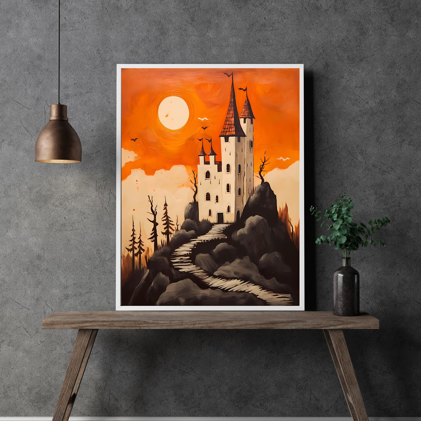 Halloween-Schloss-Wandkunst, Vintage-Ölgemälde, Hexendekor, dunkles Cottagecore-Gothic-Orange und Beige, Halloween-Dekoration, Papier-Posterdruck