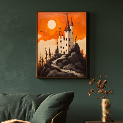 Halloween-Schloss-Wandkunst, Vintage-Ölgemälde, Hexendekor, dunkles Cottagecore-Gothic-Orange und Beige, Halloween-Dekoration, Papier-Posterdruck