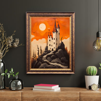 Halloween Castle Gothic Wall Art Vintage Oil Painting Witchy Decor Dark Gothic Orange and Beige Halloween Decoration Paper Poster Print