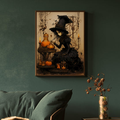 Halloween Hexe Wandkunst Vintage Ölgemälde Hexendekor Dark Cottagecore Gothic Orange und Beige Halloween Dekoration Papier Posterdruck