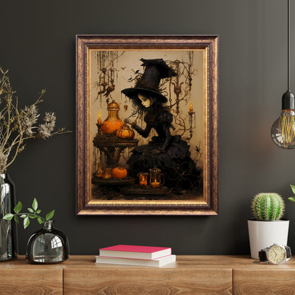 Halloween Hexe Wandkunst Vintage Ölgemälde Hexendekor Dark Cottagecore Gothic Orange und Beige Halloween Dekoration Papier Posterdruck