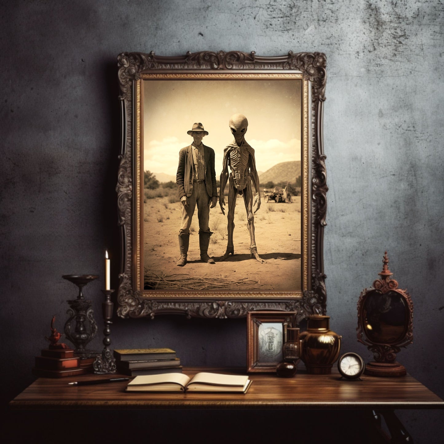 Wild West Alien Wall Art Vintage Photography Extraterrestrial Decor Spooky Poster Dark Cottagecore Dark Academia Ufo Print Paper Poster Print