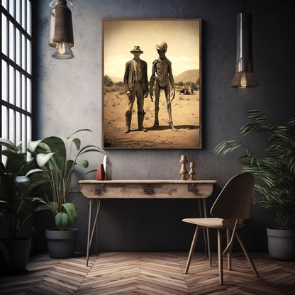 Wild West Alien Wall Art Vintage Photography Extraterrestrial Decor Spooky Poster Dark Cottagecore Dark Academia Ufo Print Paper Poster Print