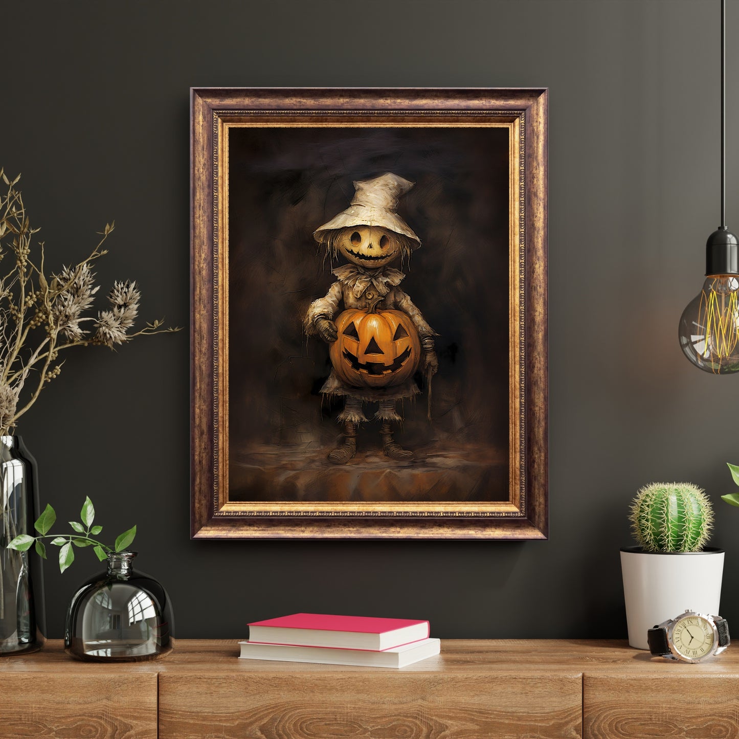 Scarecrow with Pumpkin Halloween Wall Art Vintage Oil Painting Spooky Decor Dark Cottagecore Gothic Poster Dark Academia Art Paper Poster Print