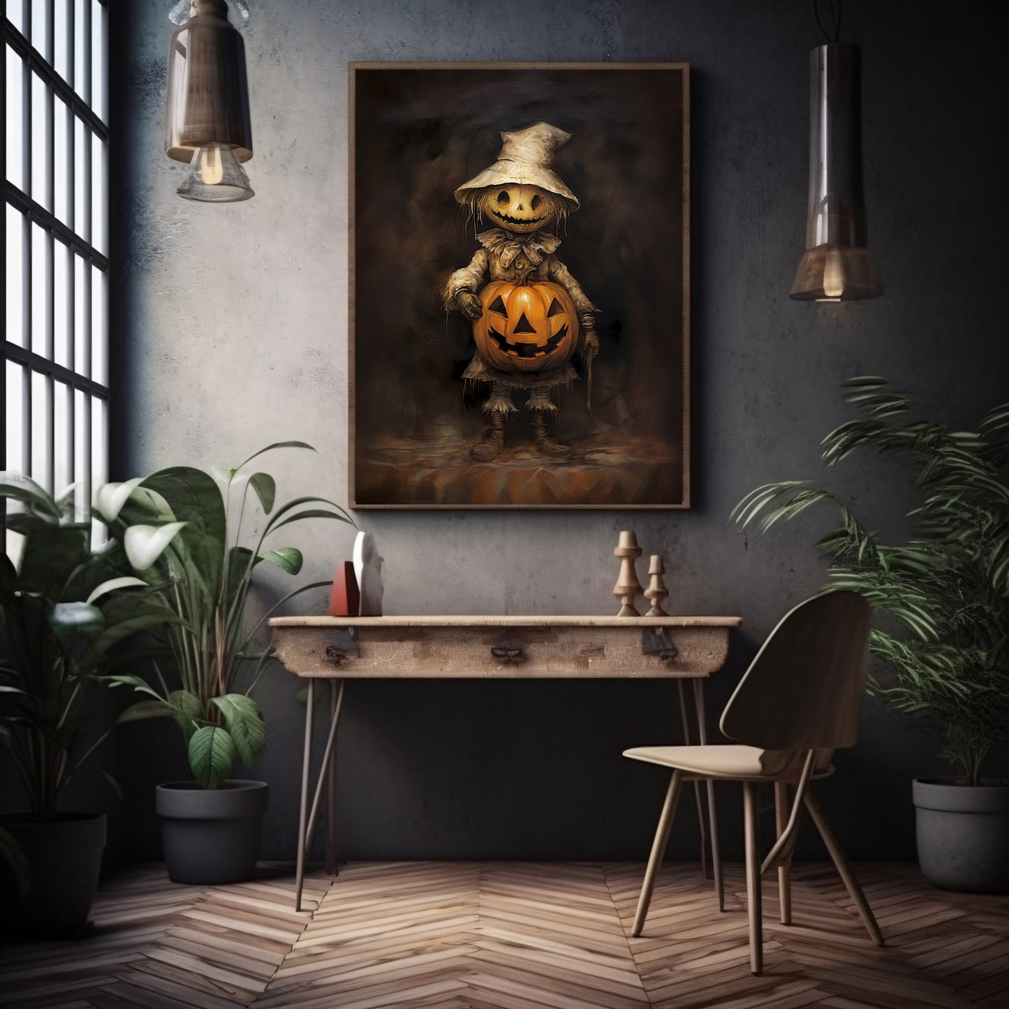 Scarecrow with Pumpkin Halloween Wall Art Vintage Oil Painting Spooky Decor Dark Cottagecore Gothic Poster Dark Academia Art Paper Poster Print