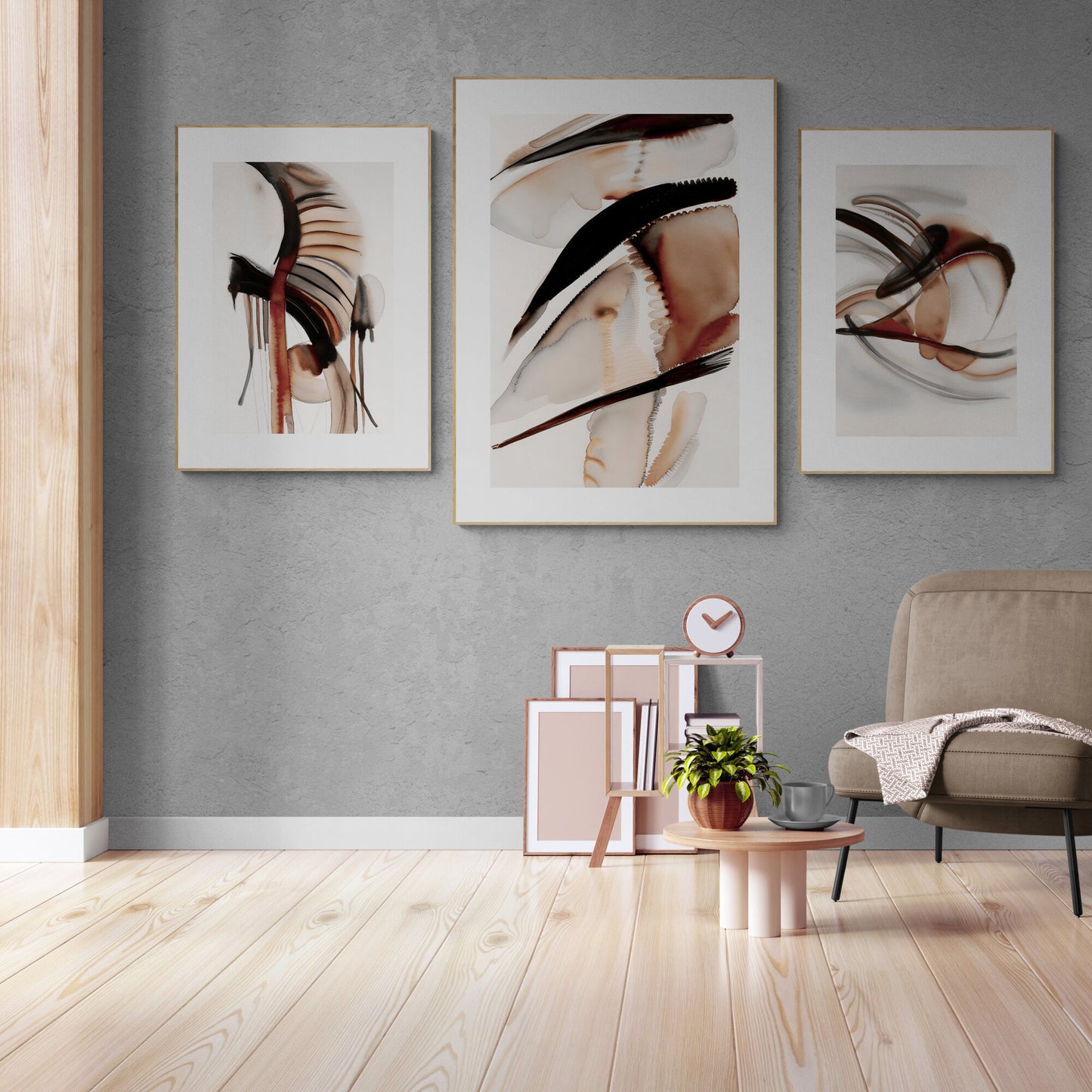 Abstraktes braunes Erdton-Wandkunst-Set mit 3 Aquarellgemälden, modernen Papierposterdrucken, Terrakotta, 3-teiliges Triptychon-Kunstwerk
