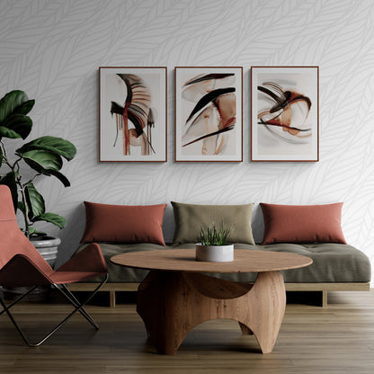 Abstraktes braunes Erdton-Wandkunst-Set mit 3 Aquarellgemälden, modernen Papierposterdrucken, Terrakotta, 3-teiliges Triptychon-Kunstwerk