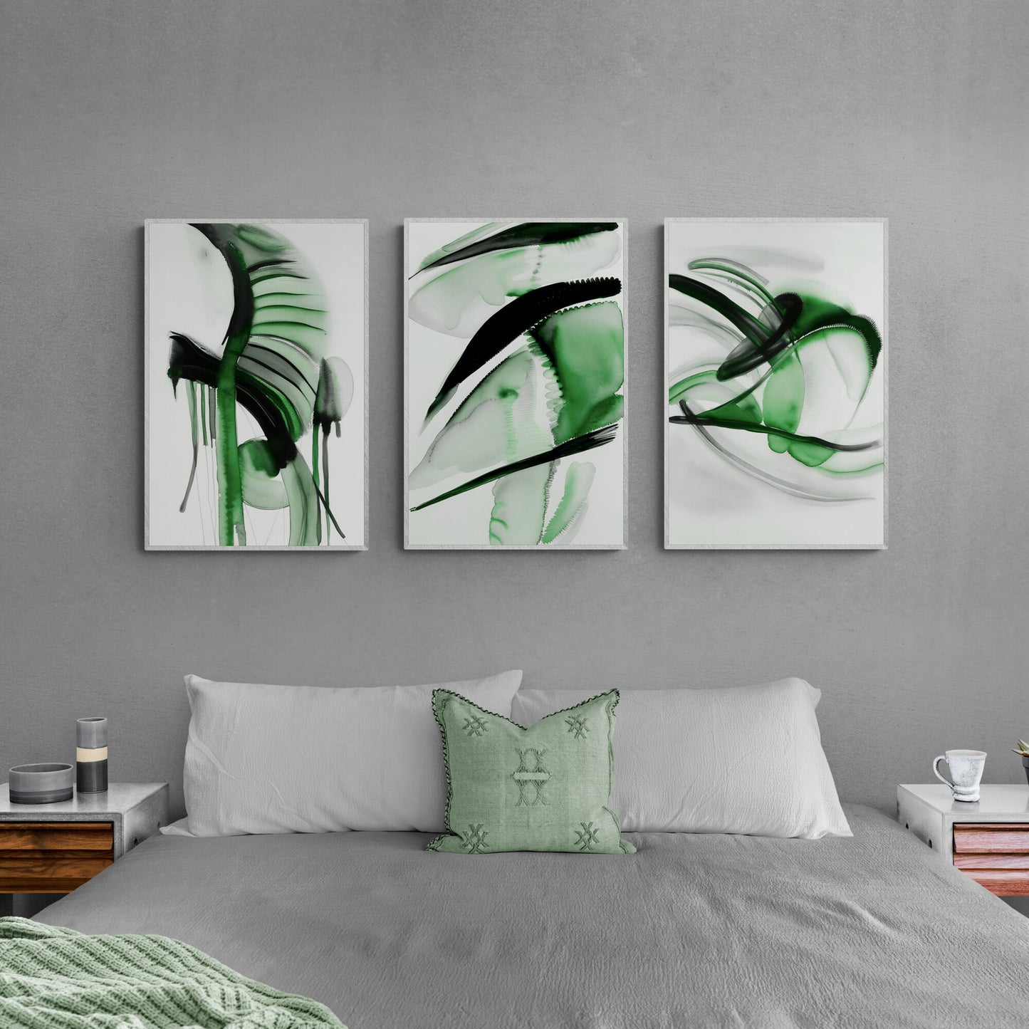 Abstraktes salbeigrünes Wandkunst-Set mit 3 Aquarellgemälden, modernes Papier, Posterdrucke, grün, schwarz, weiß, 3-teiliges Triptychon-Kunstwerk