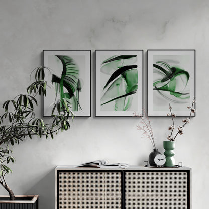 Abstraktes salbeigrünes Wandkunst-Set mit 3 Aquarellgemälden, modernes Papier, Posterdrucke, grün, schwarz, weiß, 3-teiliges Triptychon-Kunstwerk