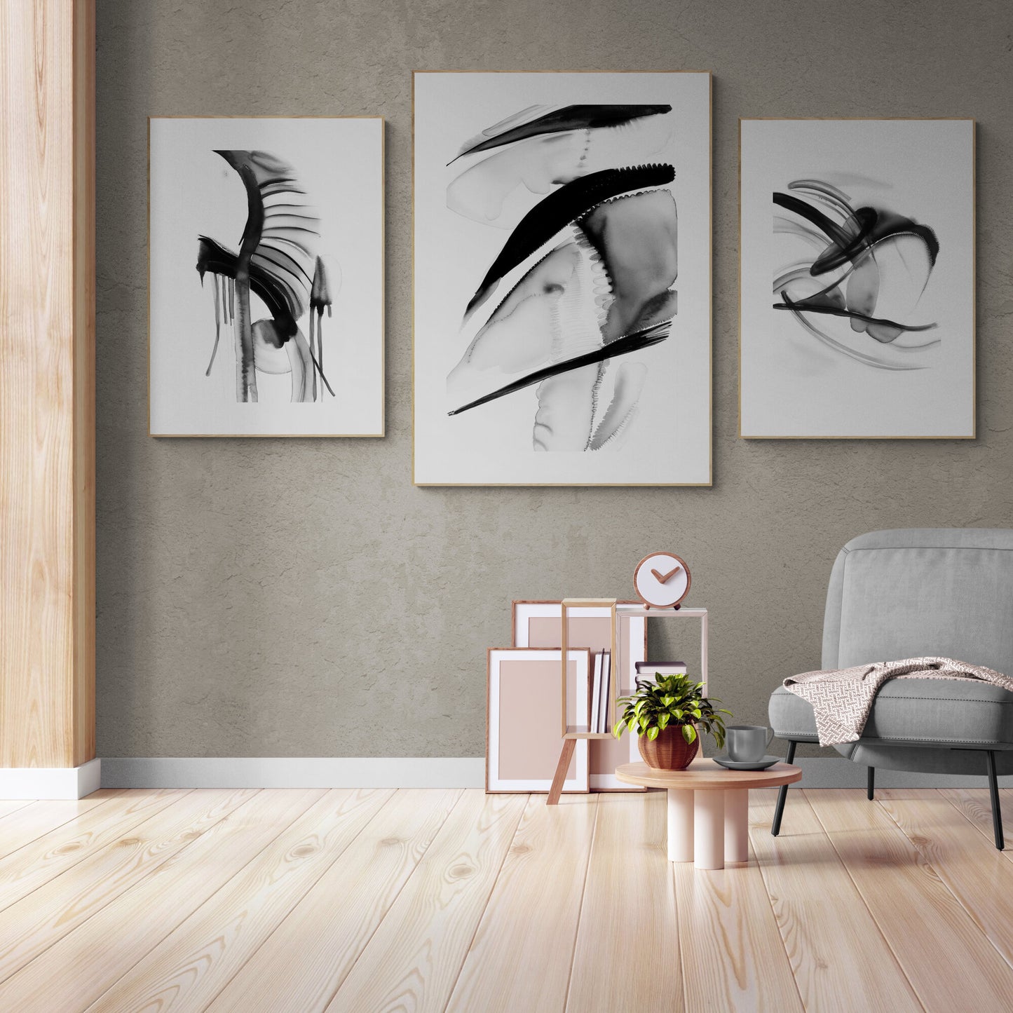 Abstraktes monochromes Wandkunst-Set mit 3 Aquarellgemälden, moderne Papierposterdrucke, schwarz-weißes 3-teiliges Triptychon-Kunstwerk