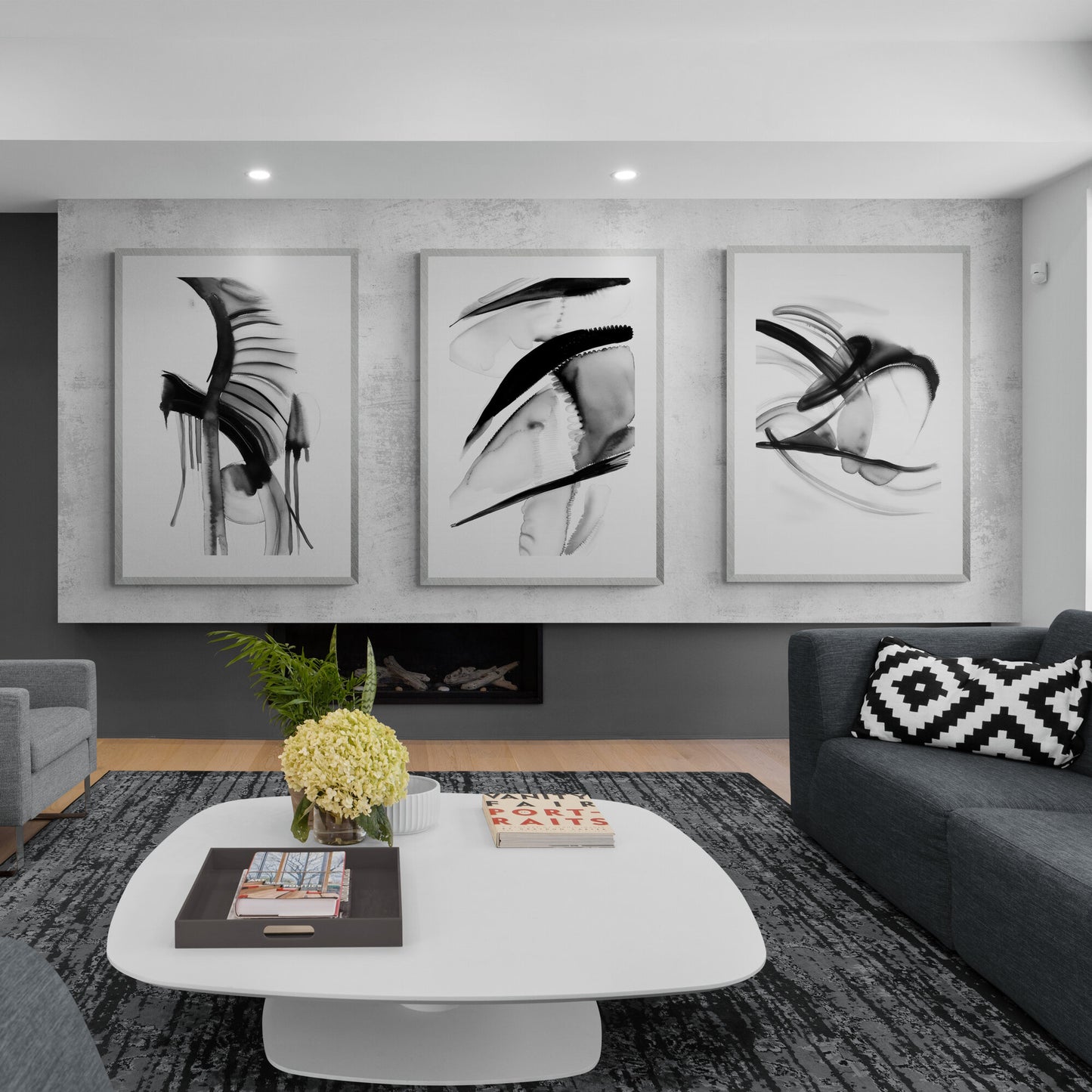 Abstraktes monochromes Wandkunst-Set mit 3 Aquarellgemälden, moderne Papierposterdrucke, schwarz-weißes 3-teiliges Triptychon-Kunstwerk