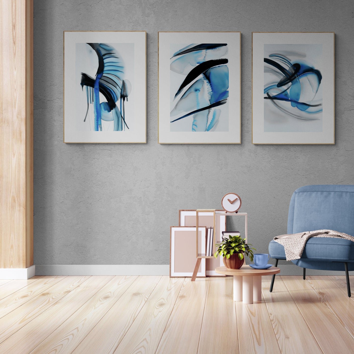 Abstraktes smaragdblaues Wandkunst-Set mit 3 Aquarellgemälden, moderne Papierposterdrucke, blau-schwarz-weißes 3-teiliges Triptychon-Kunstwerk