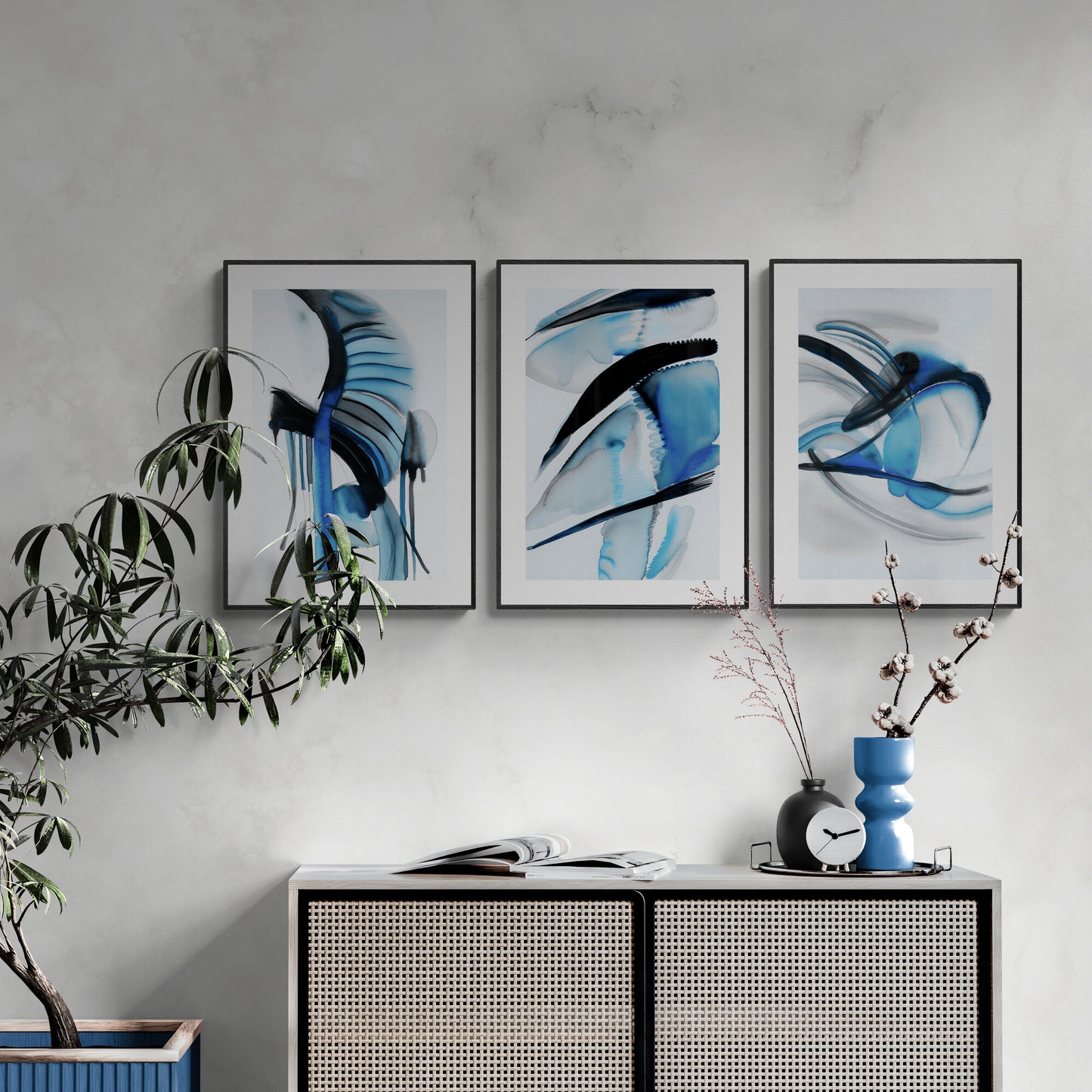 Abstraktes smaragdblaues Wandkunst-Set mit 3 Aquarellgemälden, moderne Papierposterdrucke, blau-schwarz-weißes 3-teiliges Triptychon-Kunstwerk