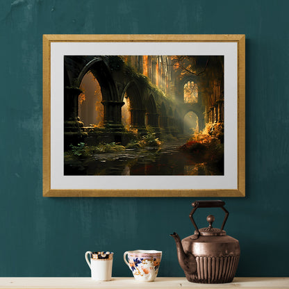 Abandoned Monastery Gothic Wall Art Romantic Lost Place Wall Decor Dark Cottagecore Artwork Vintage Nature Reclaim Aestetic Painting Paper Poster Print