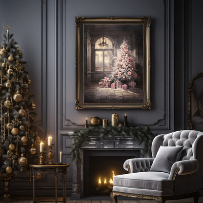 Pink Gothic Christmas Tree Wall Art Abandoned Mansion Christmas Painting Dark Cottagecore Artwork Gothic Christmas Haunted Art Paper Poster Print