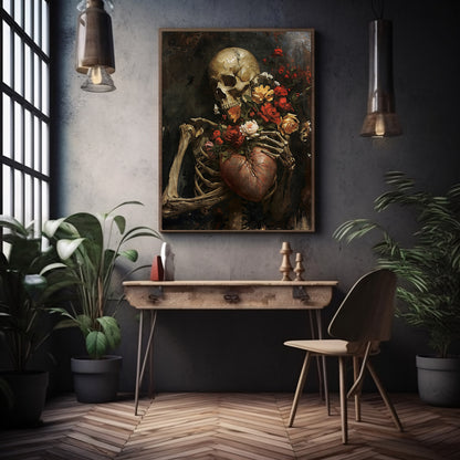 Gothic Valentine Gothic Wall Art Antique Skeleton Oil Painting Heart and Roses Dark Gothic Decor Goblincore Decor Dark Romance Print Paper Poster Print