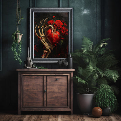 Gothic Valentine Gothic Wall Art Antique Oil Painting Skeletal Hand holding Heart and Roses Gothic Decor Goblincore Dark Romance Print Paper Poster Print