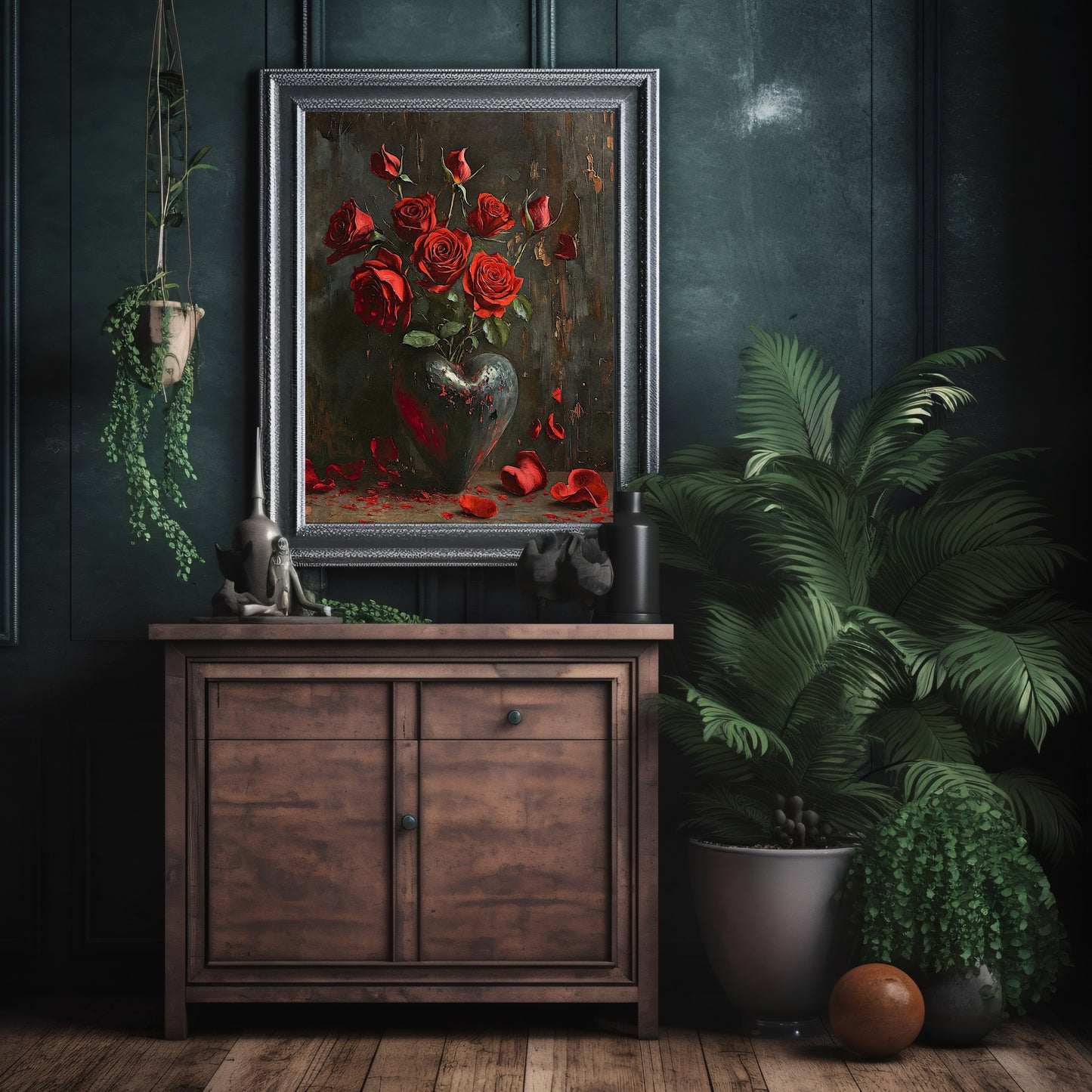 Red Rose Valentine Wall Art Still Life Oil Painting Heart with Red Roses Gothic Decor Goblincore Decor Dark Romance Print Paper Poster Print