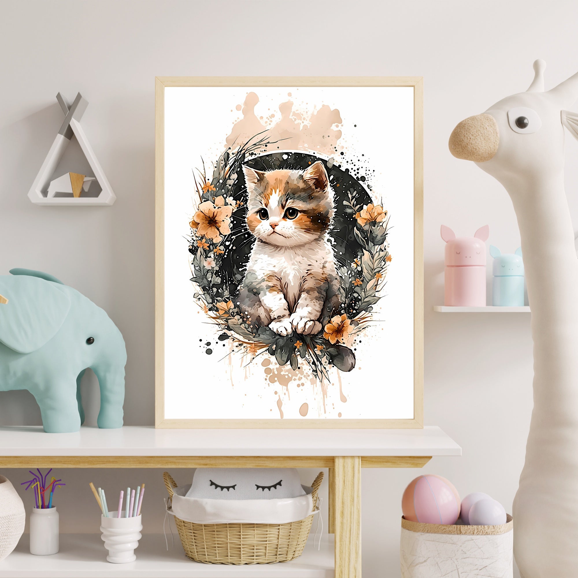 Baby cat animal wall art gender neutral animal nursery cat printing flowers baby cat portrait Paper Poster Prints