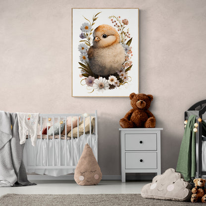 Baby-Huhn-Tier-Wandkunst, geschlechtsneutrales Tier-Kinderzimmer, Huhn-Druck, Blumen, Baby-Huhn-Porträt, Papier-Posterdrucke