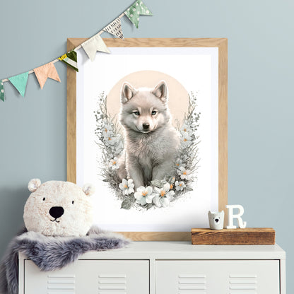 Baby-Wolf-Tier-Wandkunst, geschlechtsneutrales Tier-Kinderzimmer, Wolf-Druck, Blumen-Baby-Wolf-Porträt, Papier-Posterdrucke