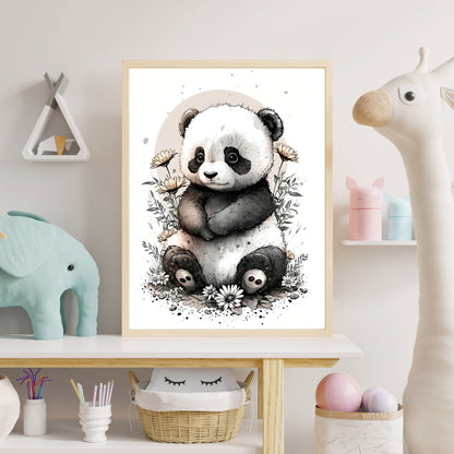 Baby-Panda-Tier-Wandkunst, geschlechtsneutrales Tier-Kinderzimmer, Panda-Druck, Blumen, Baby-Panda-Porträt, Papier-Posterdrucke