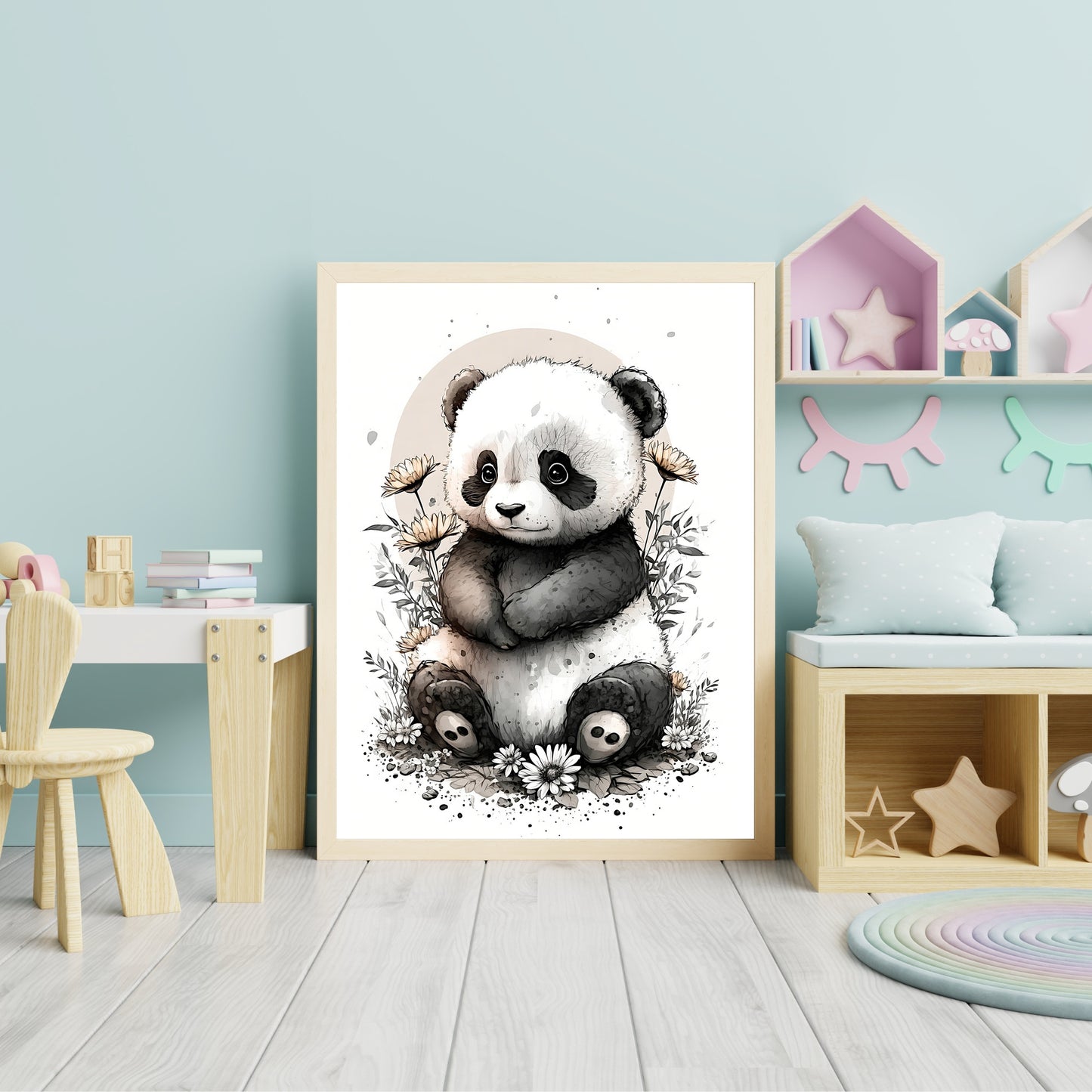 Baby-Panda-Tier-Wandkunst, geschlechtsneutrales Tier-Kinderzimmer, Panda-Druck, Blumen, Baby-Panda-Porträt, Papier-Posterdrucke