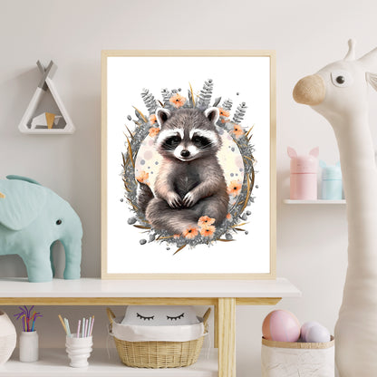 Baby racoon animal wall art gender neutral animal nursery racoon printing flowers baby racoon portrait Paper Poster Prints