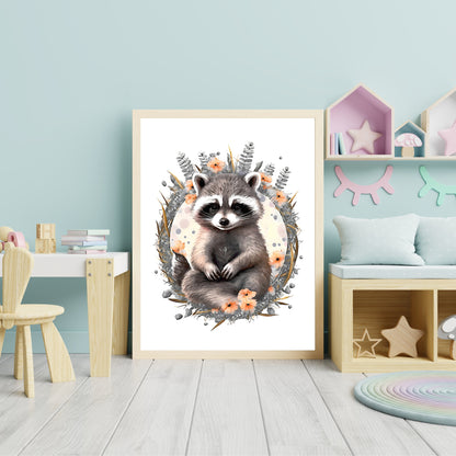 Baby racoon animal wall art gender neutral animal nursery racoon printing flowers baby racoon portrait Paper Poster Prints