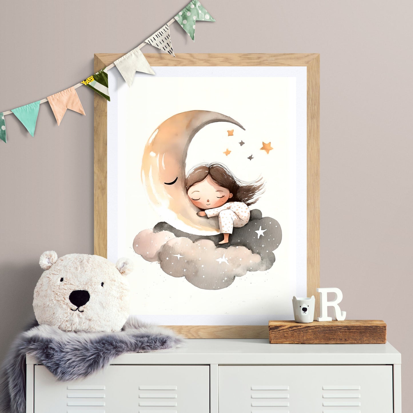Mädchen schlafender Mond Sterne Wandkunst Kinderzimmer Mond Wolken Sterne Kinderzimmer Dekor Papier Posterdrucke