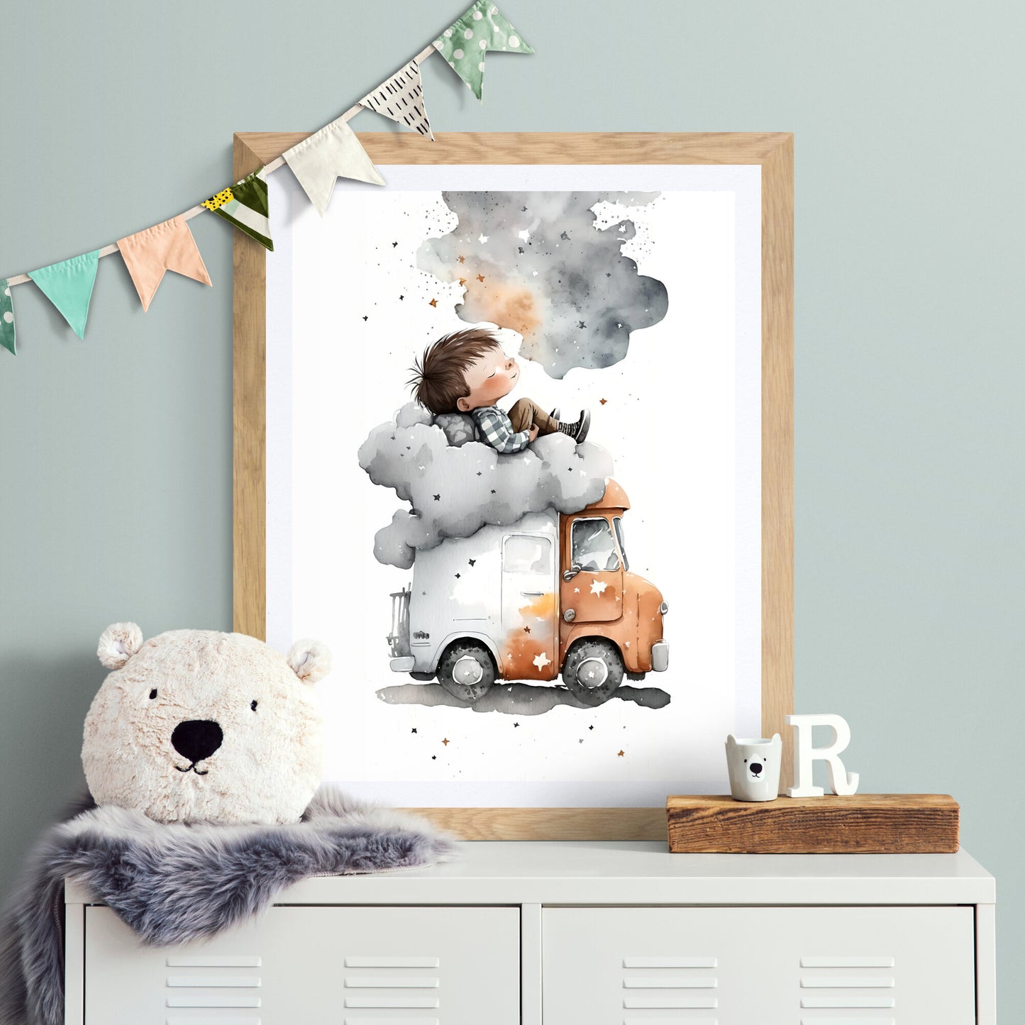 Junge schläft auf einem Lastwagen mit Sternen, Wandkunst, Kinderzimmer, Wolken, Sternen, Druck, Kinderzimmer-Dekoration, Papier-Posterdrucke