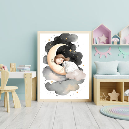 Girl sleeping on moon and stars wall art nursery moon clouds stars printing kids room decor Paper Poster Prints