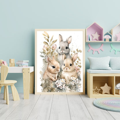 Babyhase mit Blumen Tierwandkunst geschlechtsneutrales Tierkinderzimmer Hase Druck Blumen Babyhase Porträt Papierposterdrucke